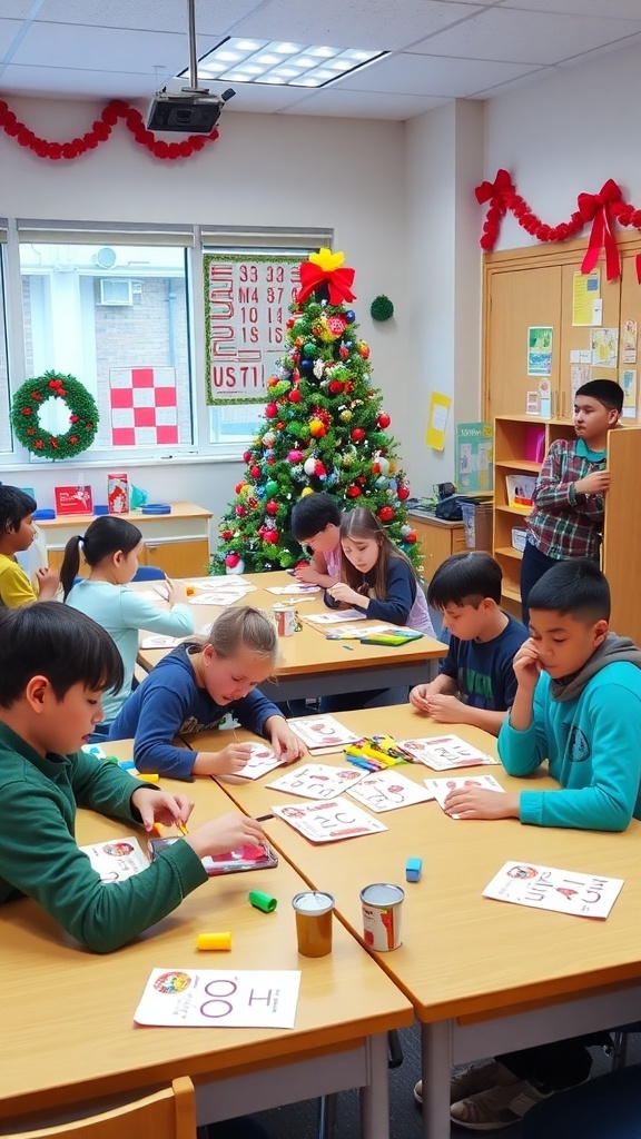 Kindergarten classroom filled with children participating in Christmas activities, surrounded by decorations and a Christmas tree.